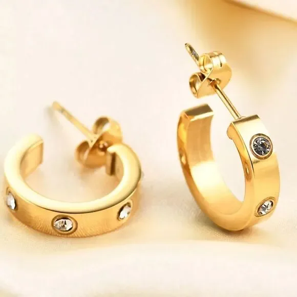💎212💎 PETITE LOVE EARRINGS DIAMOND 18K GOLD C-HOOP
